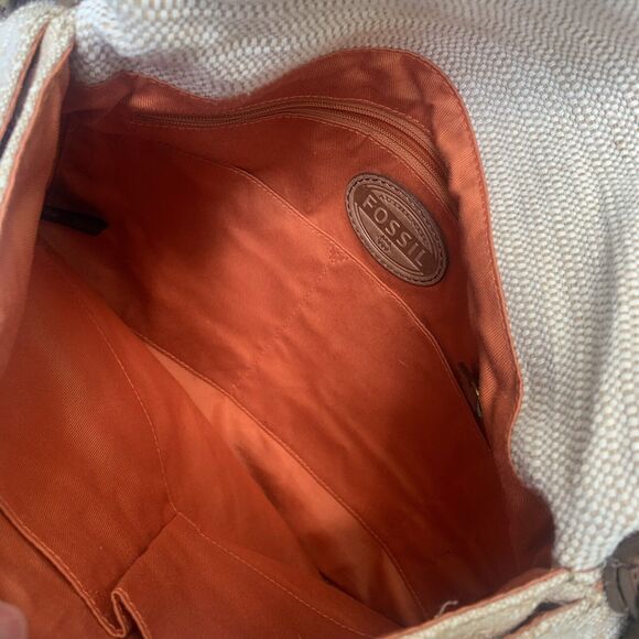 Fossil Explorer Purse Canvas Leather Cream Fold Over Boho Beach Coastal Large - Picture 7 of 8